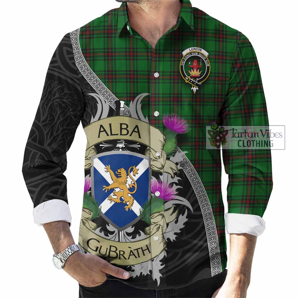 Lundin Tartan Family Crest Long Sleeve Button Shirt Lion Rampant Royal Thistle Shield Celtic Inspired - Tartan Vibes Clothing