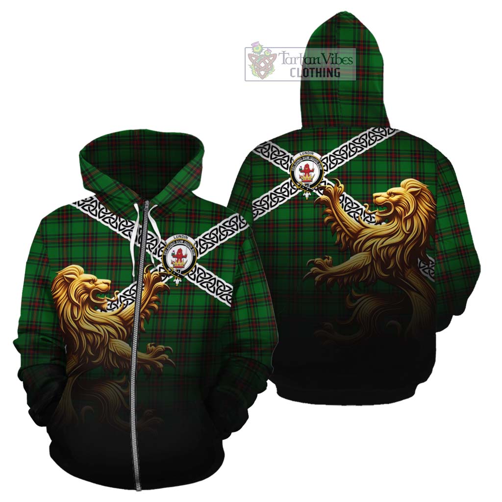 Lundin Crest Tartan Cotton Hoodie with Golden Lion Emblem Celtic Style Zip Hoodie - Tartan Vibes Clothing