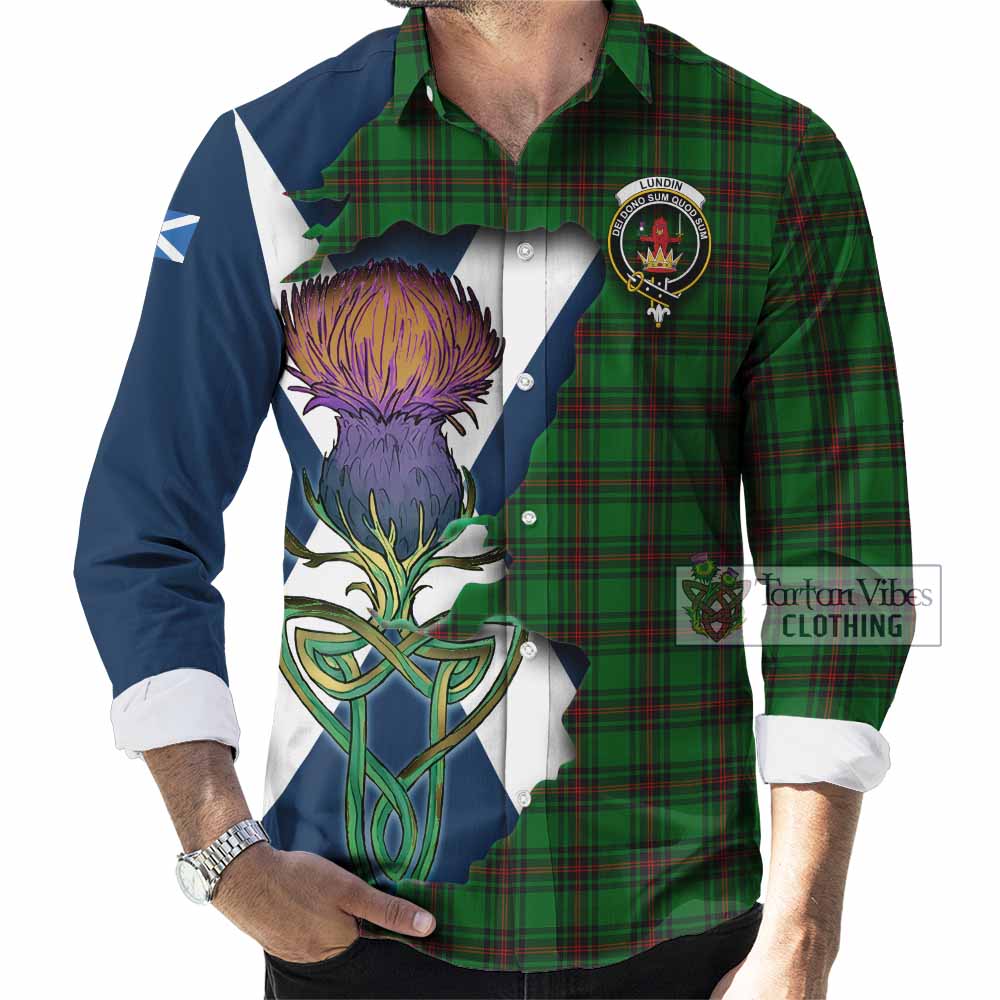 Lundin Tartan Family Crest Long Sleeve Button Shirt Scottish Thistle Celtic Inspired - Tartan Vibes Clothing