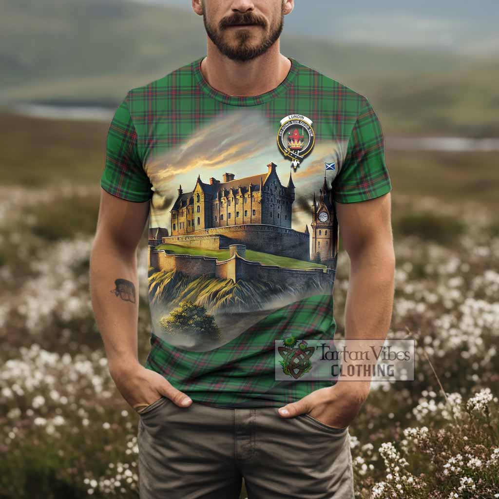 Lundin Tartan Family Crest T-Shirt with Scottish Ancient Castle Style - Tartan Vibes Clothing
