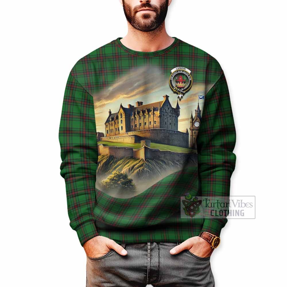 Lundin Tartan Family Crest Sweatshirt with Scottish Ancient Castle Style - Tartan Vibes Clothing