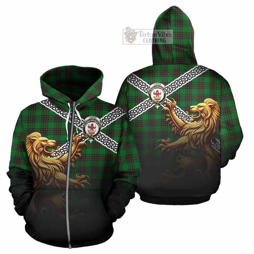 Lundin Crest Tartan Hoodie with Golden Lion Emblem Celtic Style Zip Hoodie - Tartan Vibes Clothing