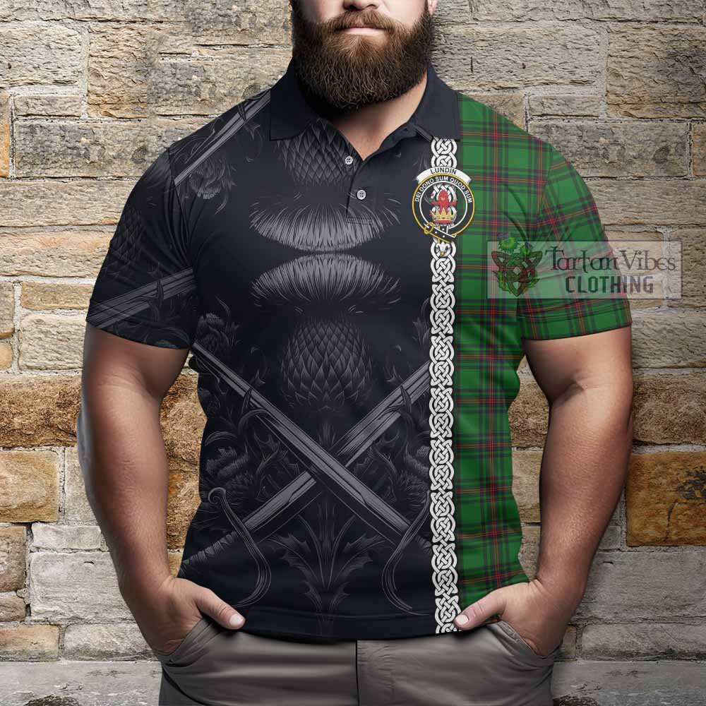 Lundin Tartan Polo Shirt with Family Crest Cross Sword Thistle Celtic Vibes - Tartan Vibes Clothing