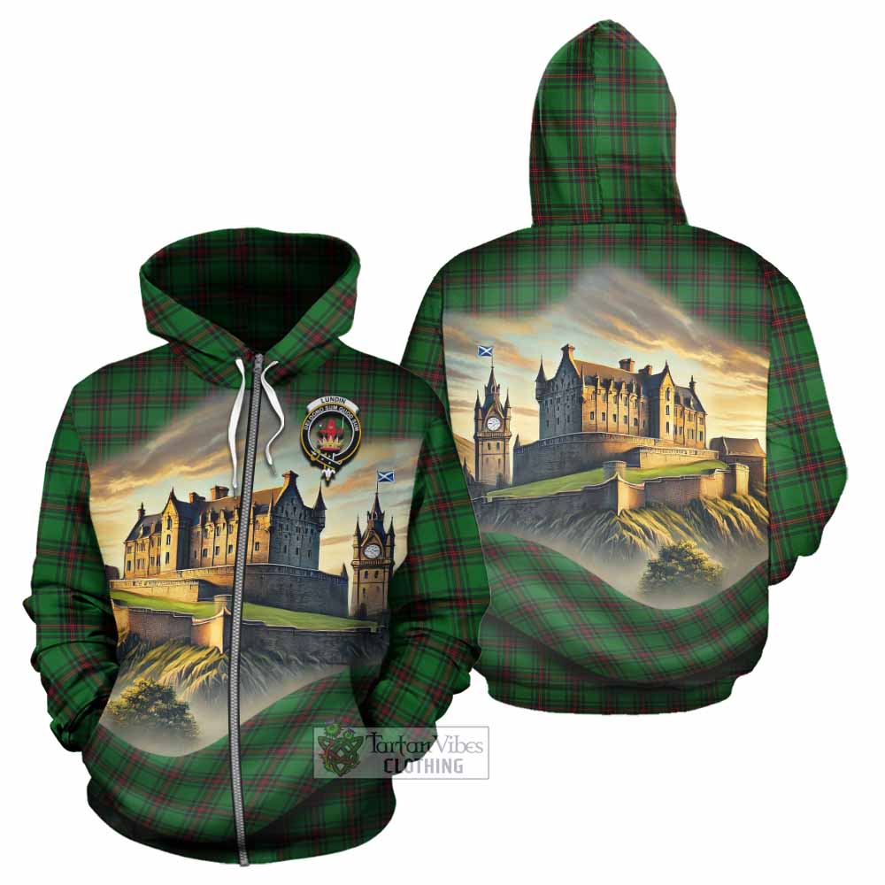 Lundin Tartan Family Crest Hoodie with Scottish Ancient Castle Style Zip Hoodie - Tartan Vibes Clothing