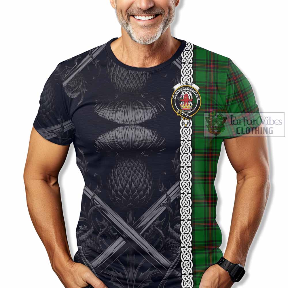 Lundin Tartan T-Shirt with Family Crest Cross Sword Thistle Celtic Vibes - Tartan Vibes Clothing