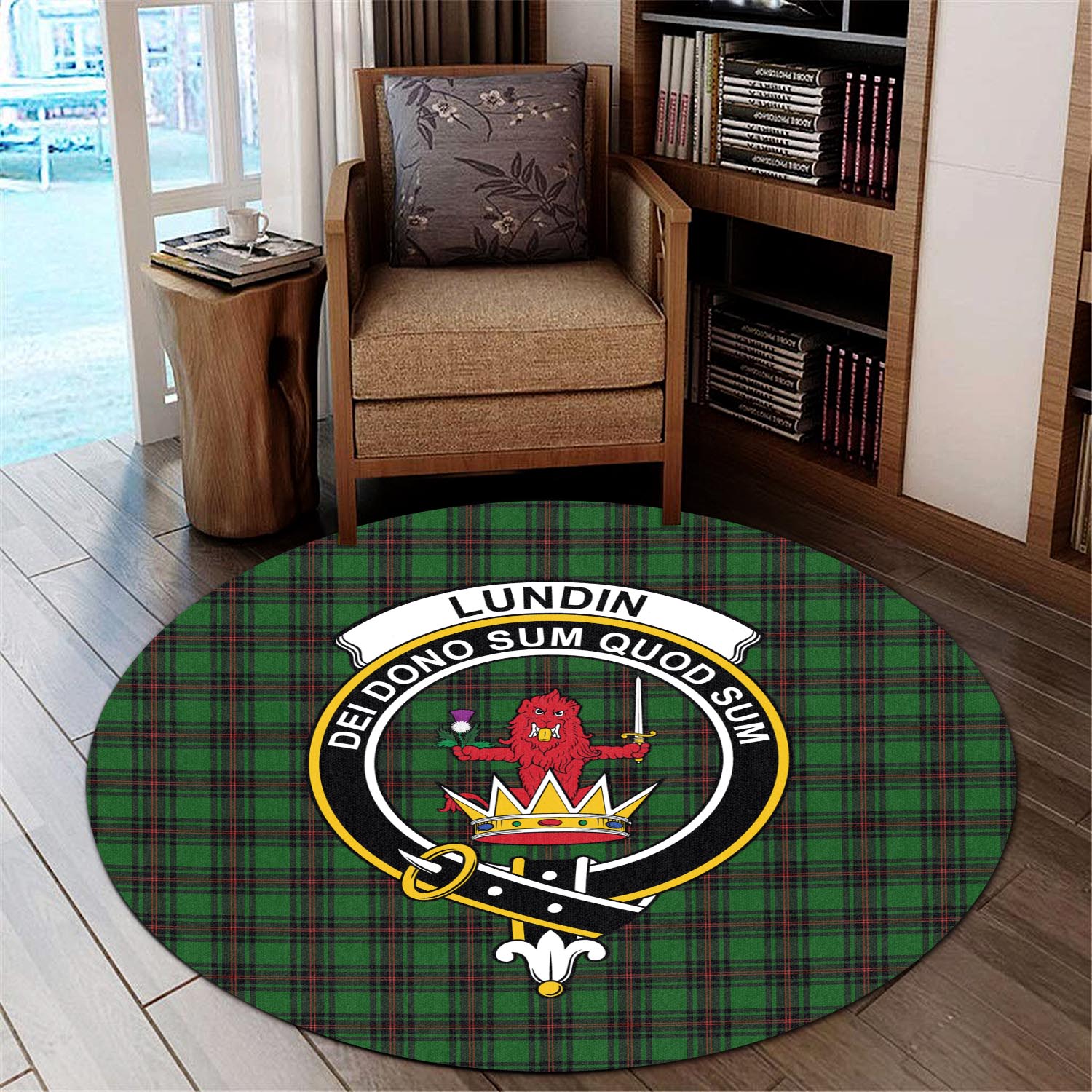 Lundin Tartan Round Rug with Family Crest - Tartan Vibes Clothing