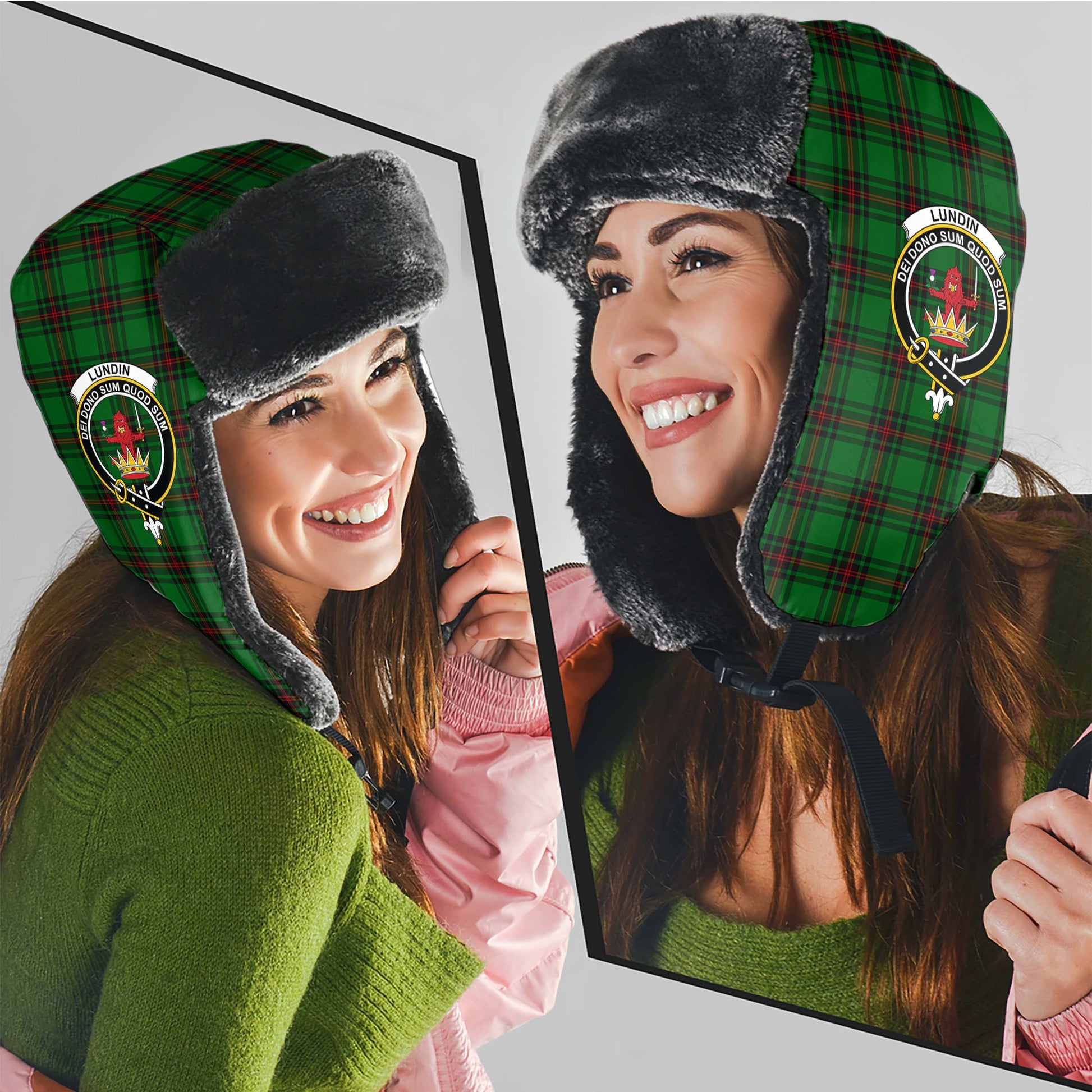 Lundin Tartan Winter Trapper Hat with Family Crest - Tartan Vibes Clothing