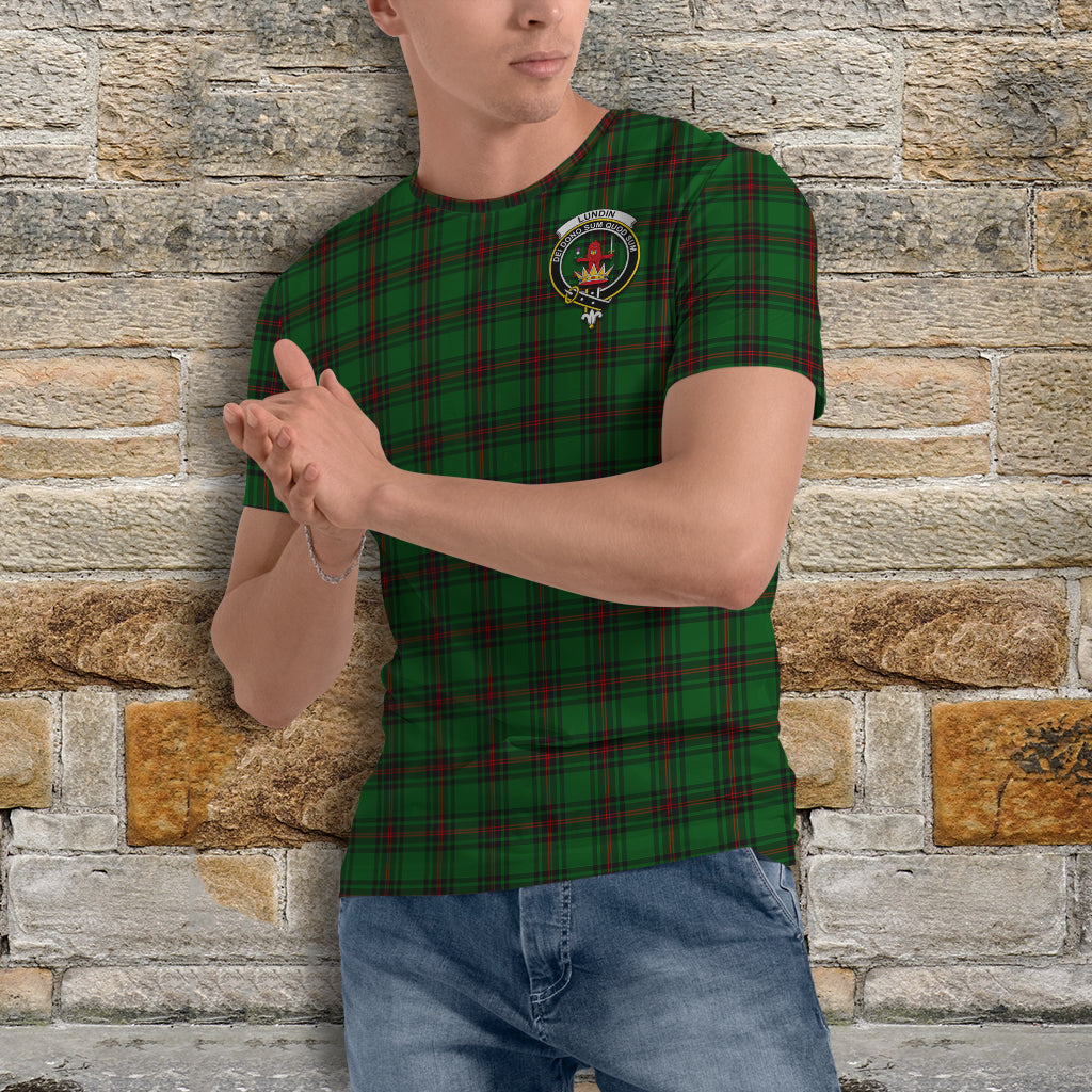 Lundin Tartan T-Shirt with Family Crest - Tartan Vibes Clothing