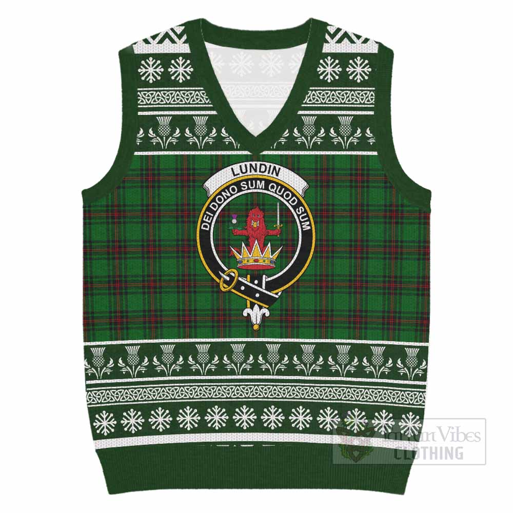 Lundin Clan Tartan Christmas Knitted V-Neck Vest with Family Crest - Tartan Vibes Clothing