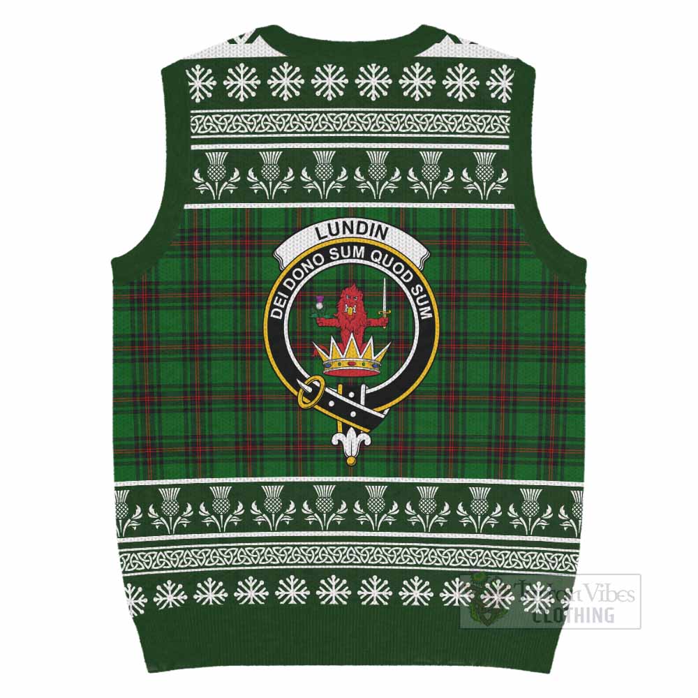 Lundin Clan Tartan Christmas Knitted V-Neck Vest with Family Crest - Tartan Vibes Clothing