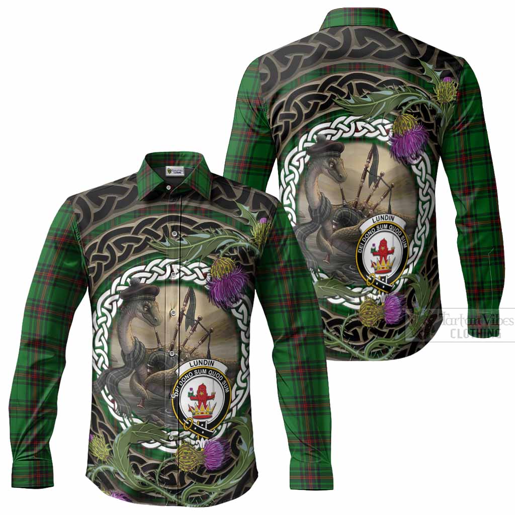 Lundin Tartan Crest Bagpipe Nessie Long Sleeve Button Shirts Scottish Loch Ness Monster Celtic Thistle