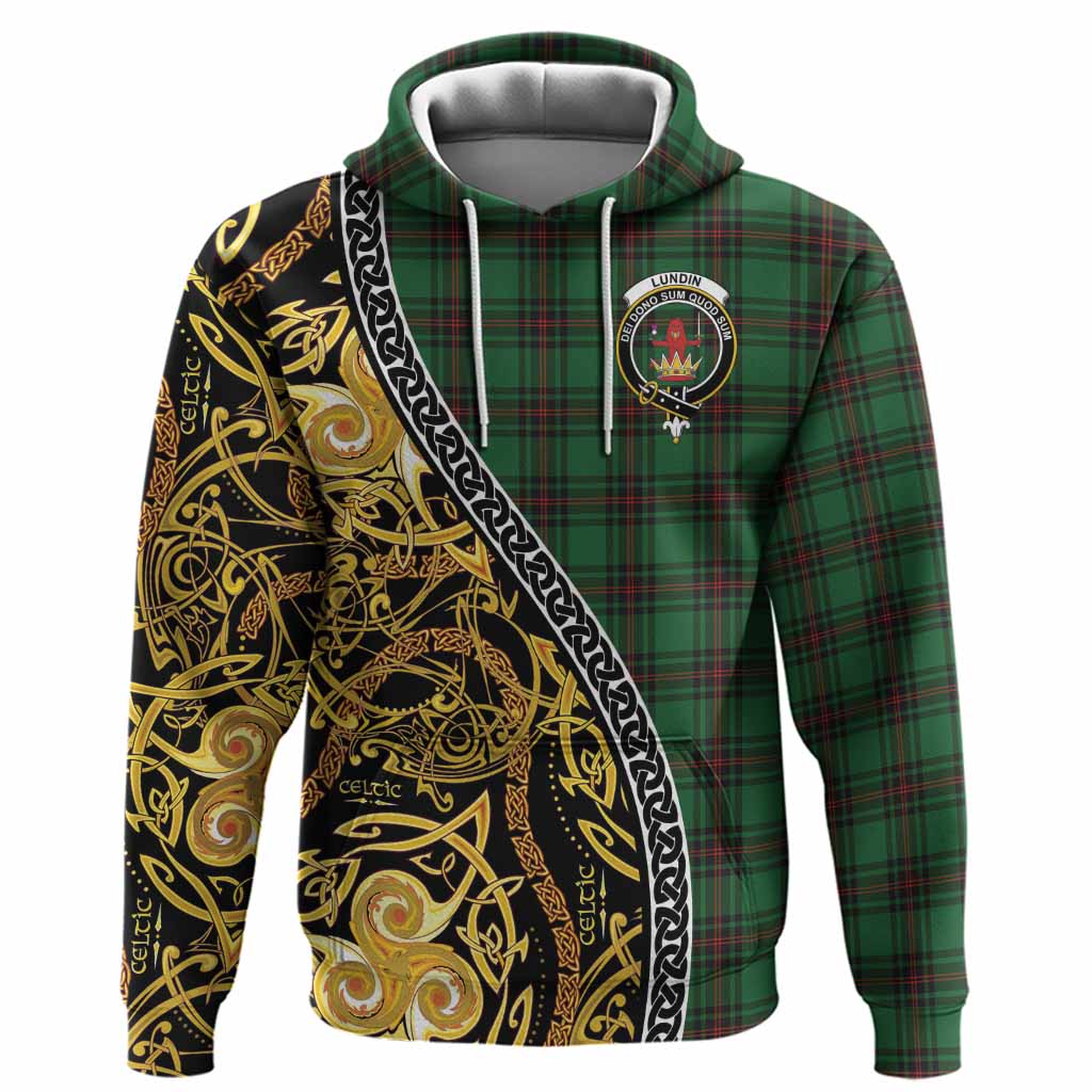 Lundin Tartan Crest Hoodie Celtic Knot and Triple Trickle Spiral Symbols
