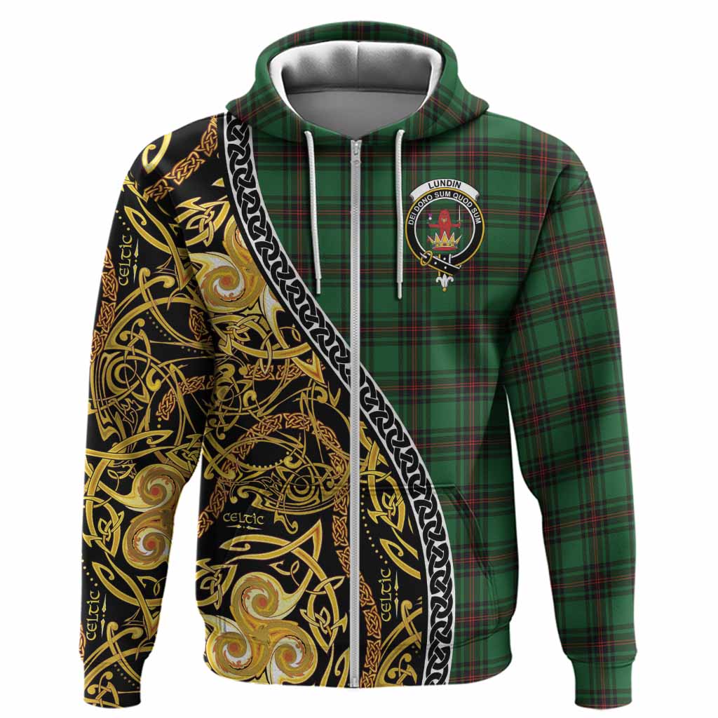 Lundin Tartan Crest Hoodie Celtic Knot and Triple Trickle Spiral Symbols
