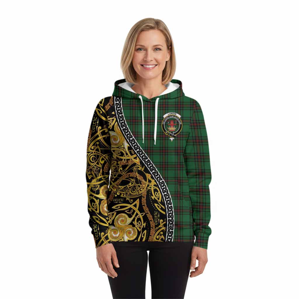 Lundin Tartan Crest Hoodie Celtic Knot and Triple Trickle Spiral Symbols