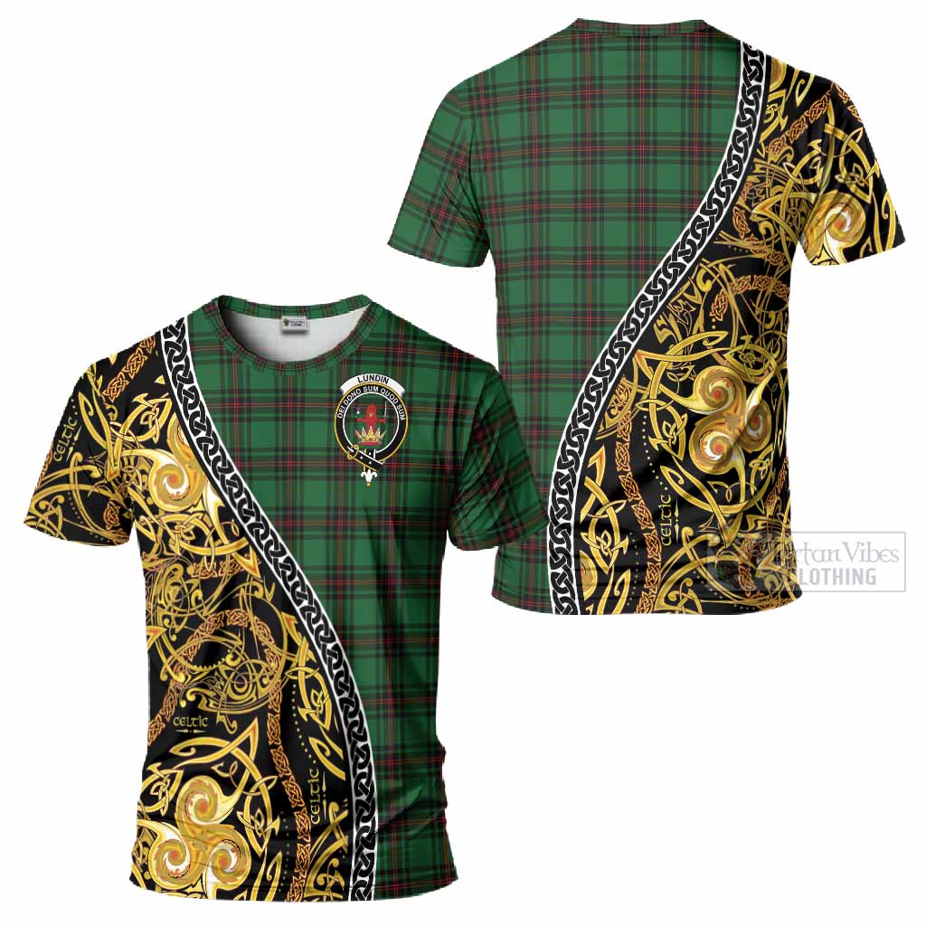 Lundin Tartan Crest T-Shirt Celtic Knot and Triple Trickle Spiral Symbols
