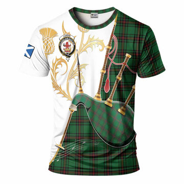 Lundin Tartan Family Crest T-Shirt Bagpipes with Scottish Thistle