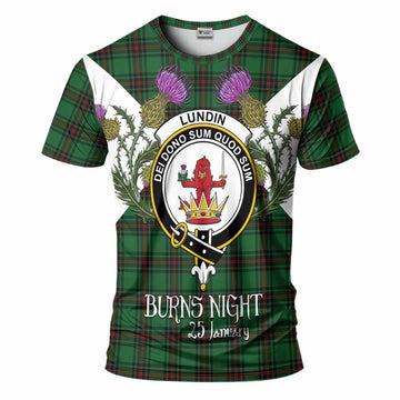 Lundin Tartan Family Crest T-Shirt Scottish Burns Night Thistle Floral