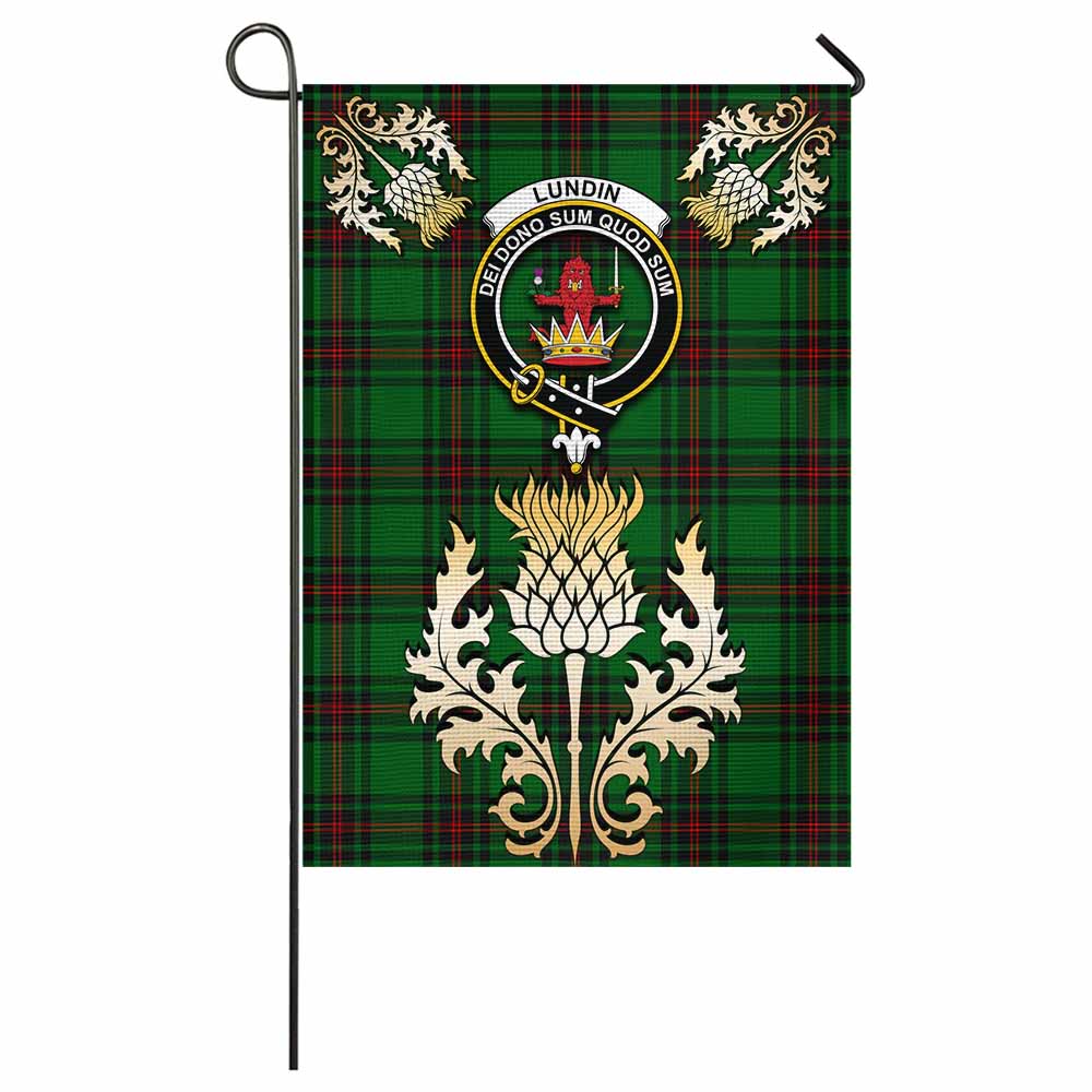 Lundin Tartan Garden Flag with Golden Regal Scottish Thistle Emblem - Tartan Vibes Clothing