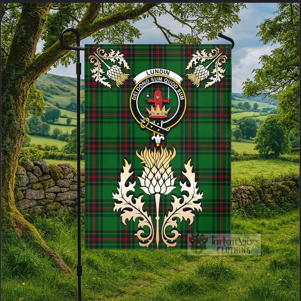 Lundin Tartan Garden Flag with Golden Regal Scottish Thistle Emblem - Tartan Vibes Clothing