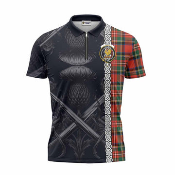 Lyle Tartan Zipper Polo Shirt with Family Crest Cross Sword Thistle Celtic Vibes Unisex - Tartan Vibes Clothing