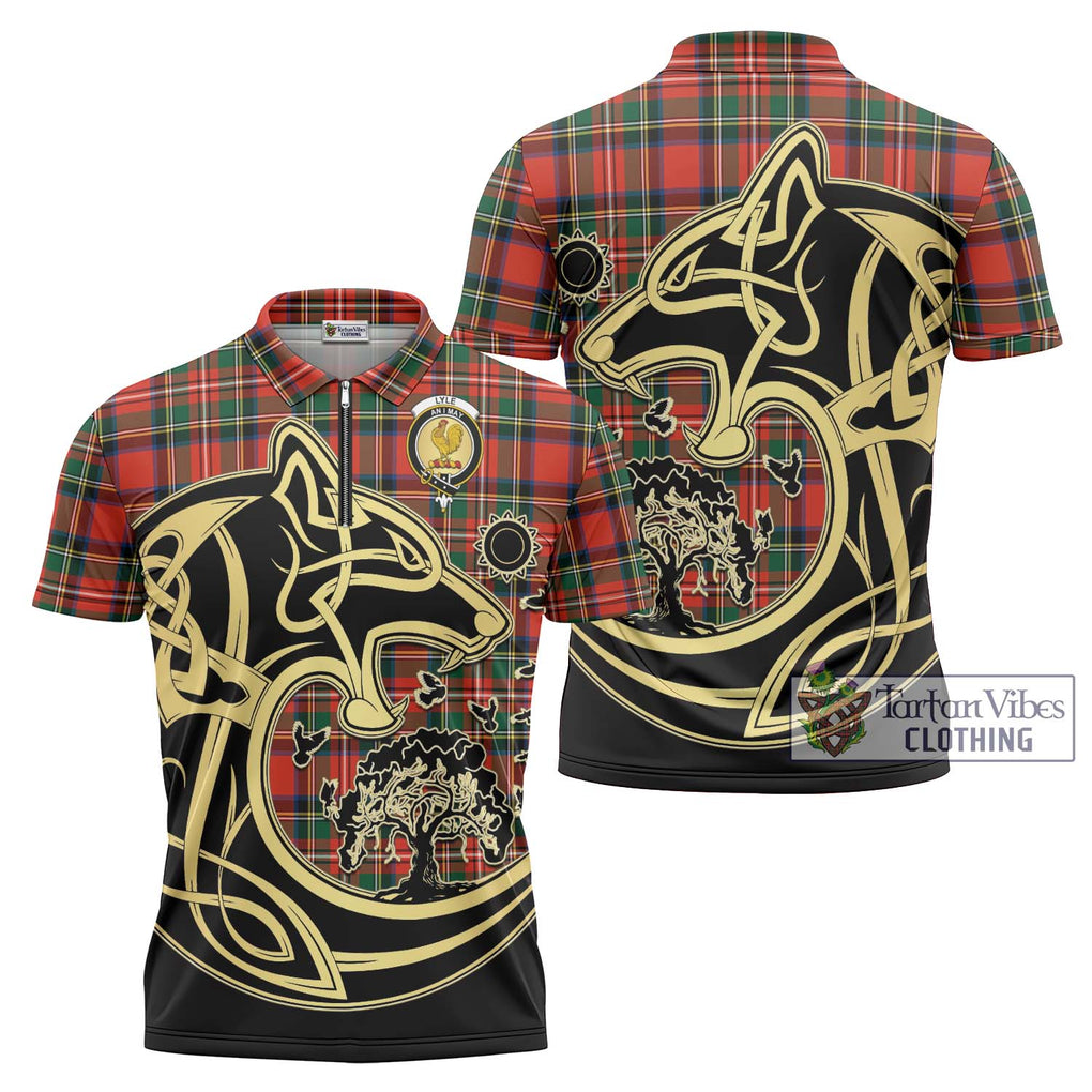 Lyle Tartan Zipper Polo Shirt with Family Crest Celtic Wolf Style Unisex - Tartan Vibes Clothing