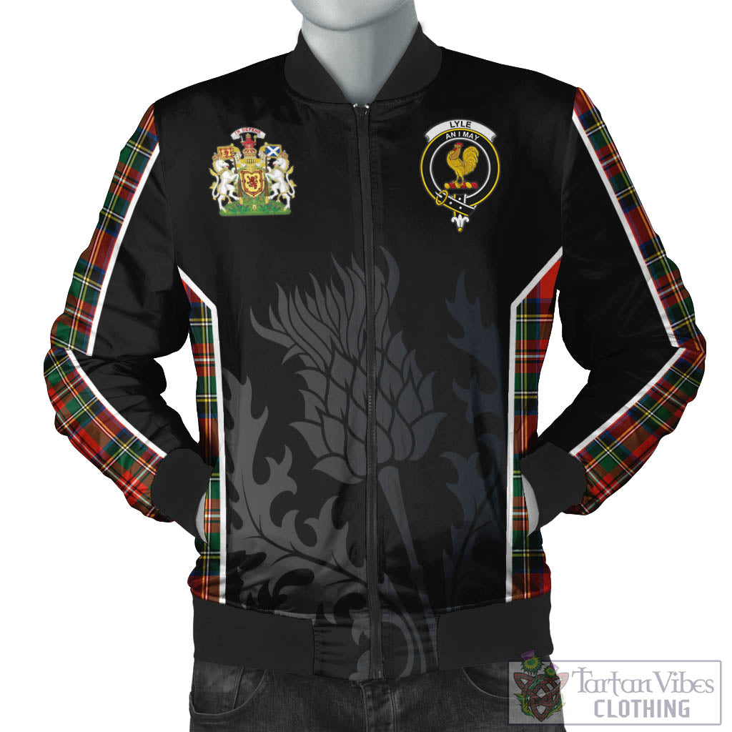 Lyle Tartan Bomber Jacket with Family Crest and Scottish Thistle Vibes Sport Style Unisex Black - Tartan Vibes Clothing