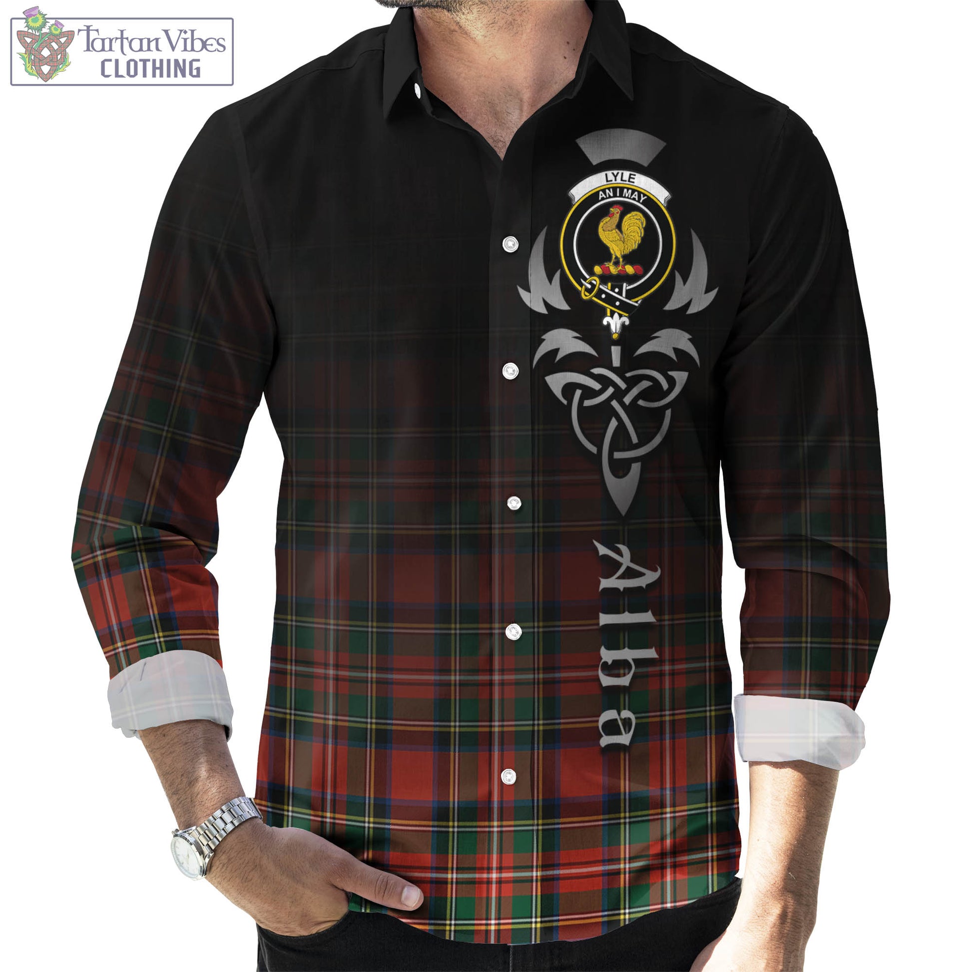 Lyle Tartan Long Sleeve Button Up Featuring Alba Gu Brath Family Crest Celtic Inspired Men's Shirt - Tartan Vibes Clothing