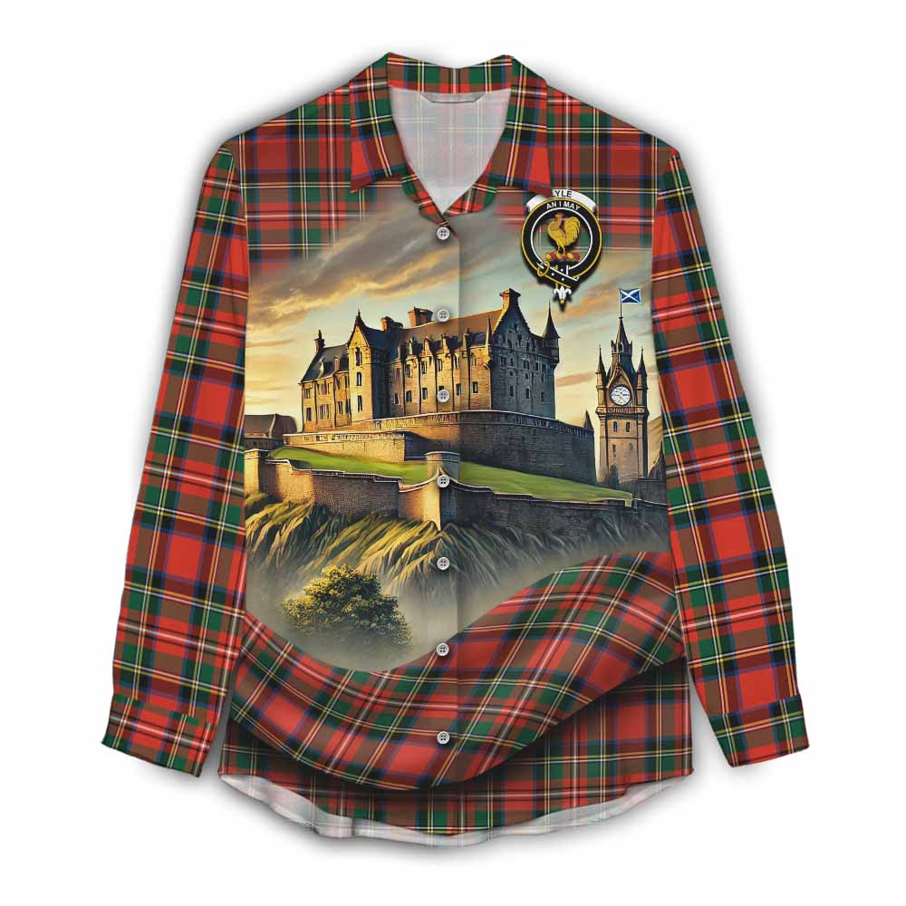 Lyle Tartan Family Crest Women's Casual Shirt with Scottish Ancient Castle Style Female - Tartan Vibes Clothing