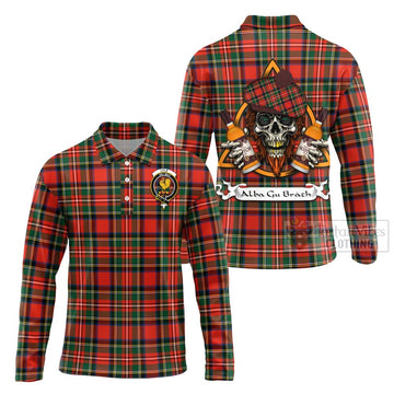 Lyle Tartan Long Sleeve Polo Shirt with Family Crest and Bearded Skull Holding Bottles of Whiskey Unisex - Tartan Vibes Clothing