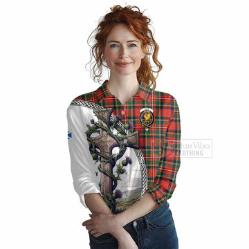 Lyle Tartan Women's Casual Shirt with Family Crest and St. Andrew's Cross Accented by Thistle Vines Female - Tartan Vibes Clothing