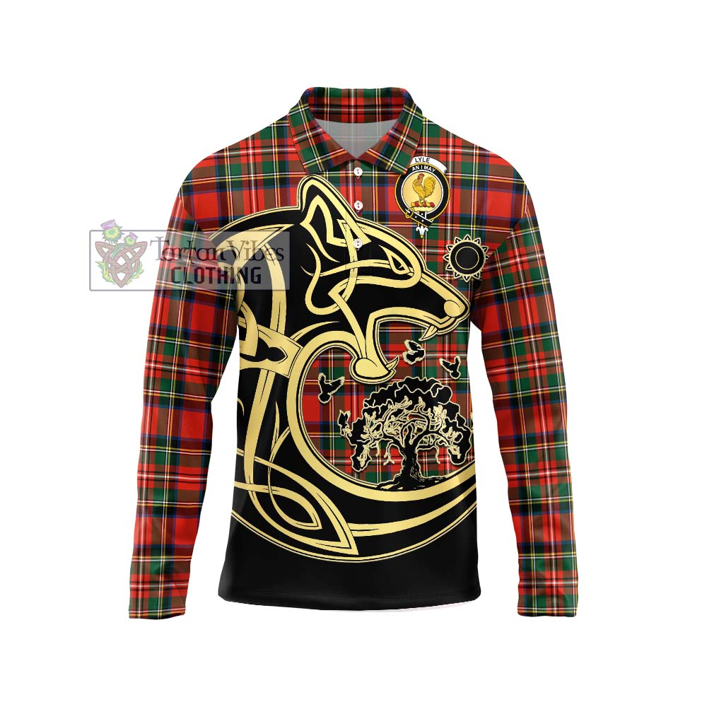 Lyle Tartan Long Sleeve Polo Shirt with Family Crest Celtic Wolf Style Unisex - Tartan Vibes Clothing