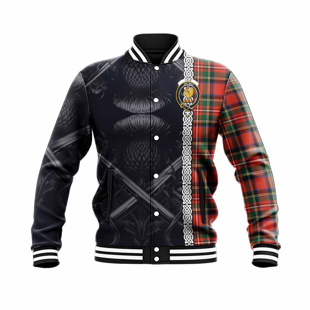 Lyle Tartan Baseball Jacket with Family Crest Cross Sword Thistle Celtic Vibes Unisex - Tartan Vibes Clothing
