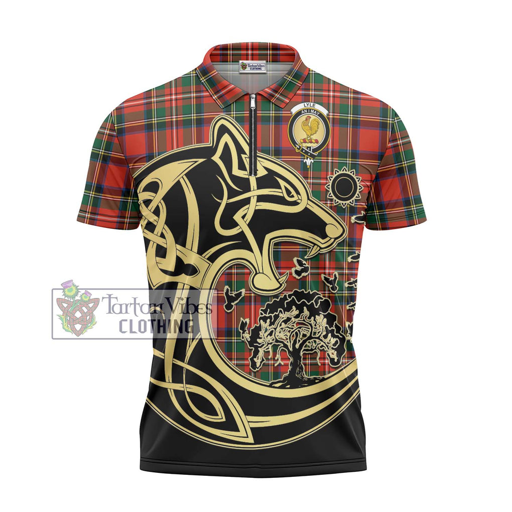Lyle Tartan Zipper Polo Shirt with Family Crest Celtic Wolf Style - Tartan Vibes Clothing