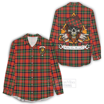 Lyle Tartan Women's Casual Shirt with Family Crest and Bearded Skull Holding Bottles of Whiskey - Tartan Vibes Clothing