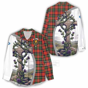 Lyle Tartan Women's Casual Shirt with Family Crest and St. Andrew's Cross Accented by Thistle Vines - Tartan Vibes Clothing