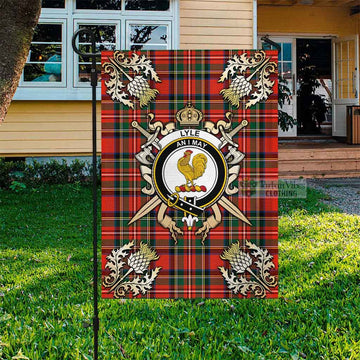 Lyle Tartan Garden Flag with Family Crest and Golden Thistle Crossed Sword Design Garden Flag - Tartan Vibes Clothing