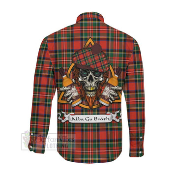 Lyle Tartan Long Sleeve Button Shirt with Family Crest and Bearded Skull Holding Bottles of Whiskey Men's Shirt - Tartan Vibes Clothing