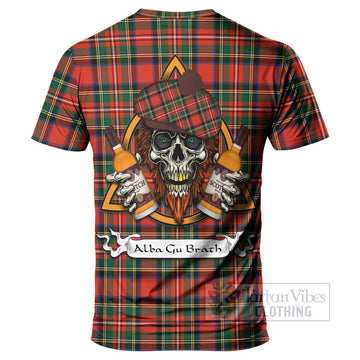 Lyle Tartan T-Shirt with Family Crest and Bearded Skull Holding Bottles of Whiskey - Tartan Vibes Clothing