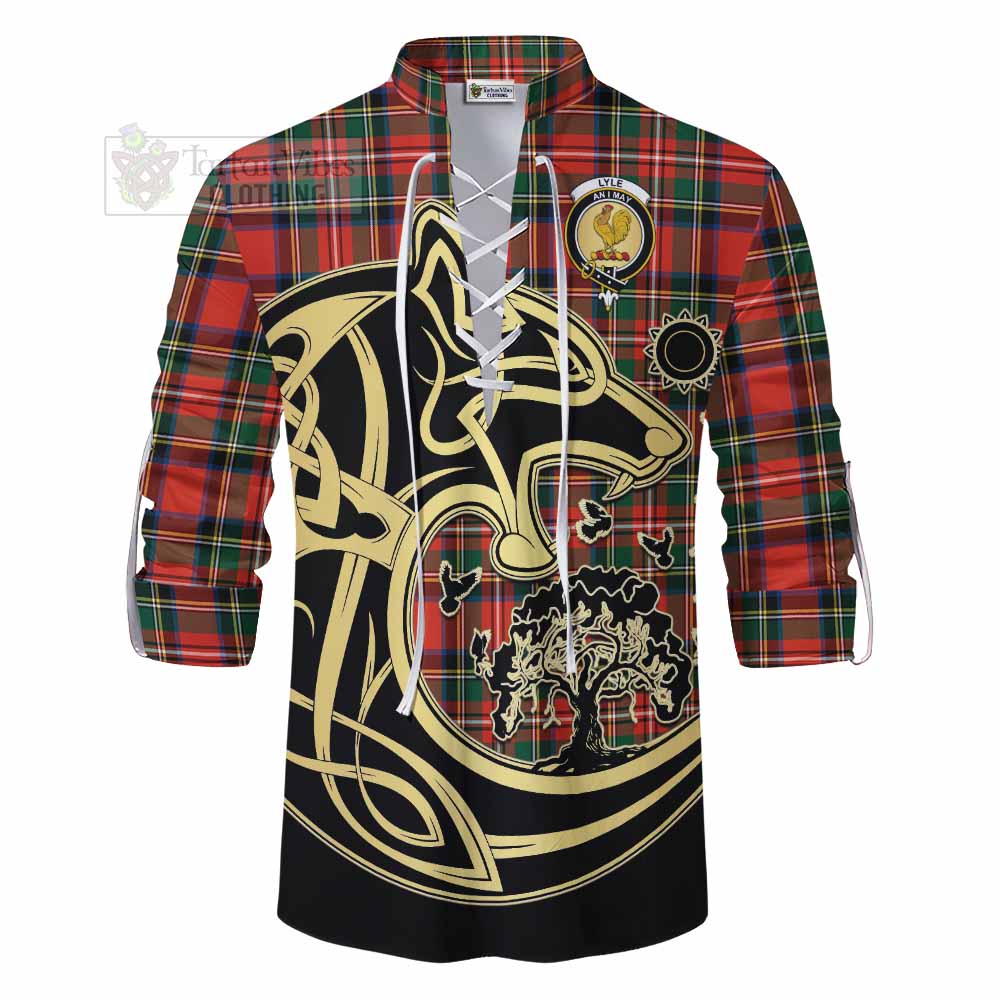 Lyle Tartan Ghillie Kilt Shirt with Family Crest Celtic Wolf Style - Tartan Vibes Clothing