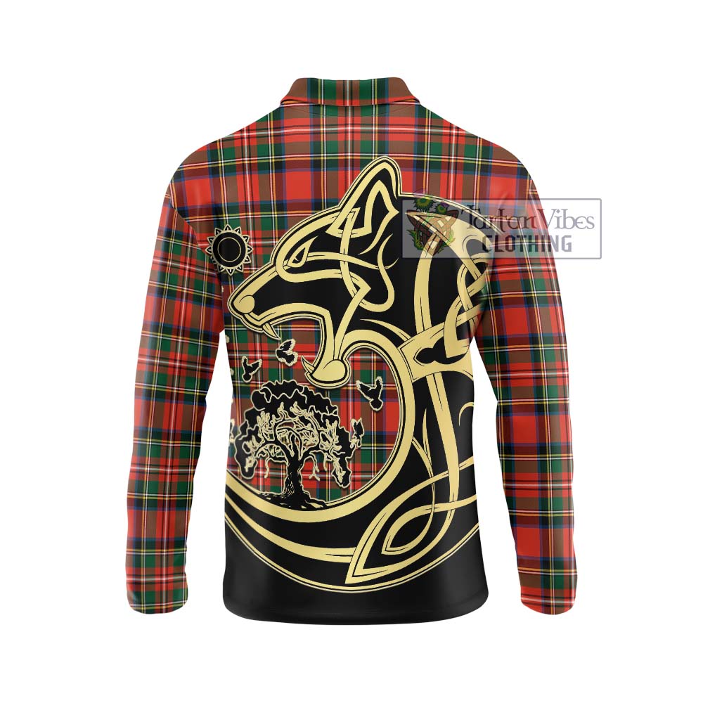Lyle Tartan Long Sleeve Polo Shirt with Family Crest Celtic Wolf Style - Tartan Vibes Clothing