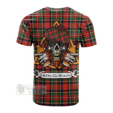 Lyle Tartan Cotton T-shirt with Family Crest and Bearded Skull Holding Bottles of Whiskey - Tartan Vibes Clothing