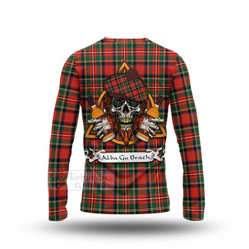 Lyle Tartan Long Sleeve T-Shirt with Family Crest and Bearded Skull Holding Bottles of Whiskey - Tartan Vibes Clothing