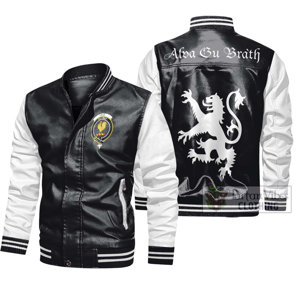 Lyle Family Crest Leather Bomber Jacket Lion Rampant Alba Gu Brath Style Black - White Unisex - 2D-tartanvibesclothing