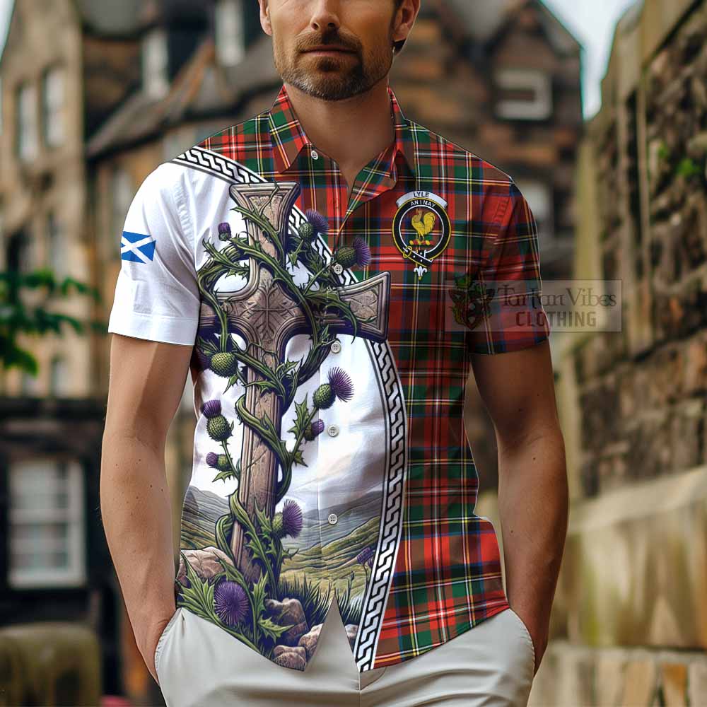 Lyle Tartan Hawaiian Shirt with Family Crest and St. Andrew's Cross Accented by Thistle Vines - Tartan Vibes Clothing