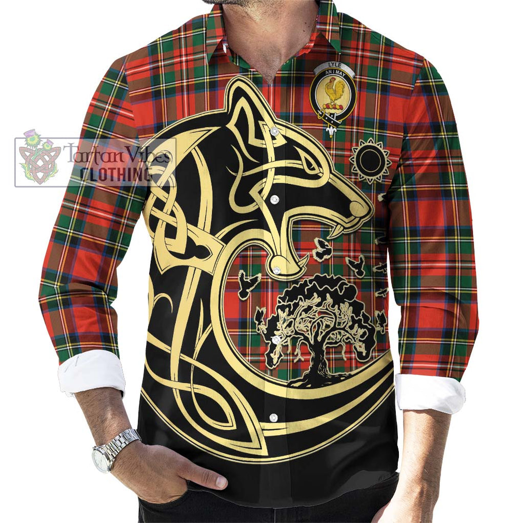 Lyle Tartan Long Sleeve Button Shirt with Family Crest Celtic Wolf Style - Tartan Vibes Clothing