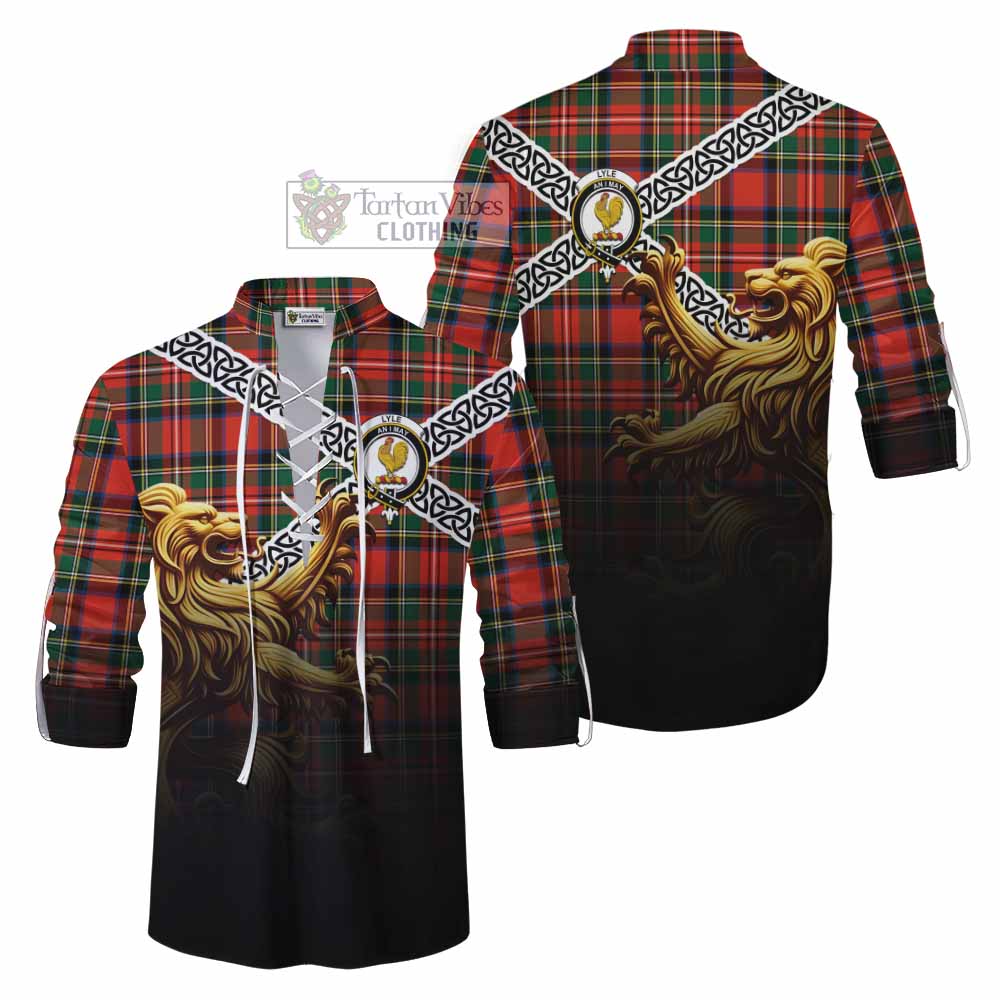 Lyle Crest Tartan Ghillie Kilt Shirt with Golden Lion Emblem Celtic Style - Tartan Vibes Clothing