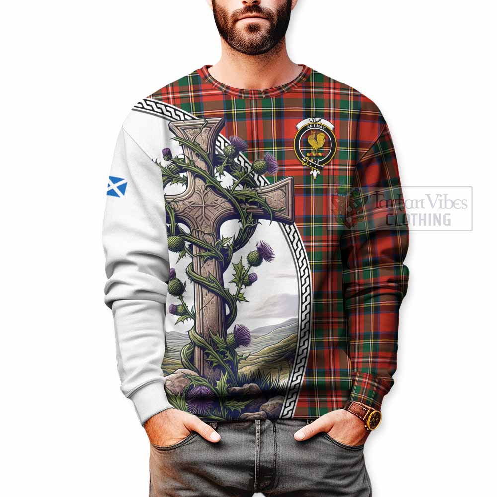 Lyle Tartan Sweatshirt with Family Crest and St. Andrew's Cross Accented by Thistle Vines - Tartan Vibes Clothing