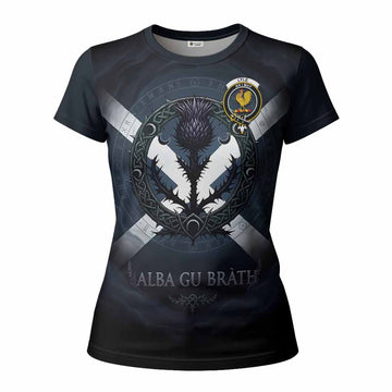 Lyle Clan Crest Women T shirt with Celtic Knot Thistle and Saltire