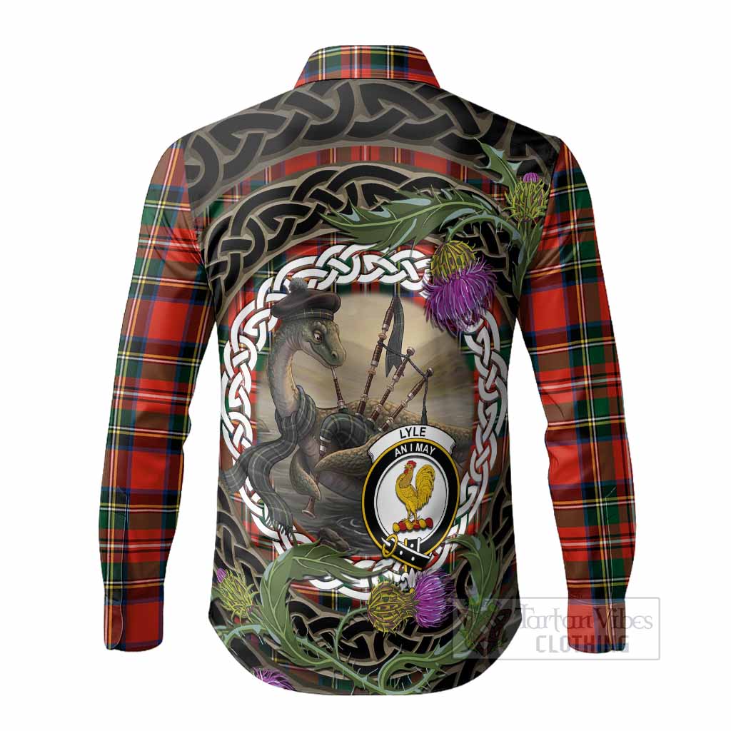 Lyle Tartan Crest Bagpipe Nessie Long Sleeve Button Shirts Scottish Loch Ness Monster Celtic Thistle