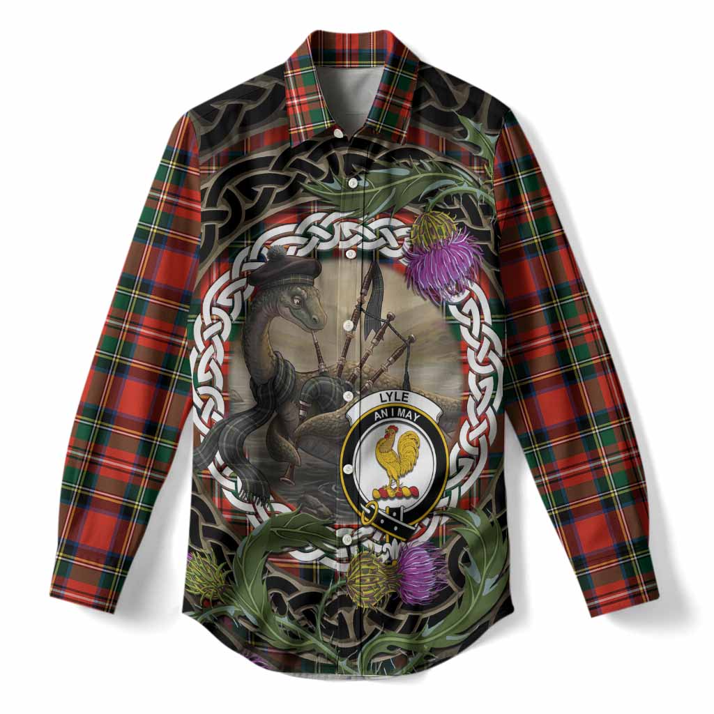 Lyle Tartan Crest Bagpipe Nessie Women Casual Shirt Scottish Loch Ness Monster Celtic Thistle